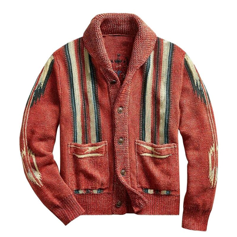Men’s Vintage Knit Cardigan | Southwestern Button-Up Sweater | Warm Shawl Collar Layer
