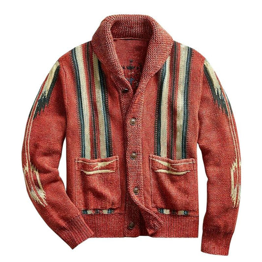 Men’s Vintage Knit Cardigan | Southwestern Button-Up Sweater | Warm Shawl Collar Layer