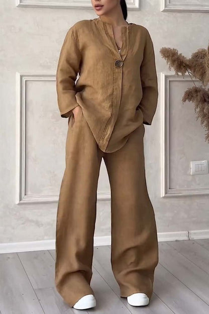 Relaxed Linen-Blend Set | Long-Sleeve Button Tunic and Wide-Leg Pants