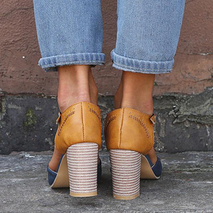 Two-Tone Retro Block Heels | T-Strap Design | Stacked Mid Heel