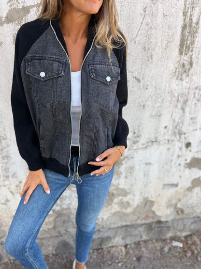 Zip-Up Sherpa Jacket | Denim Panel Front | Layer-Ready Comfort