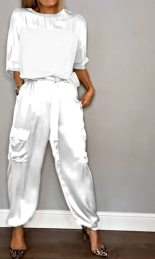 Satin Lounge Set | Short-Sleeve Top & Jogger Pants | Relaxed Shine Finish