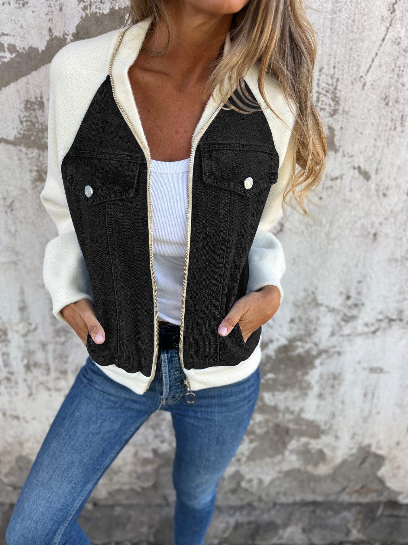 Zip-Up Sherpa Jacket | Denim Panel Front | Layer-Ready Comfort