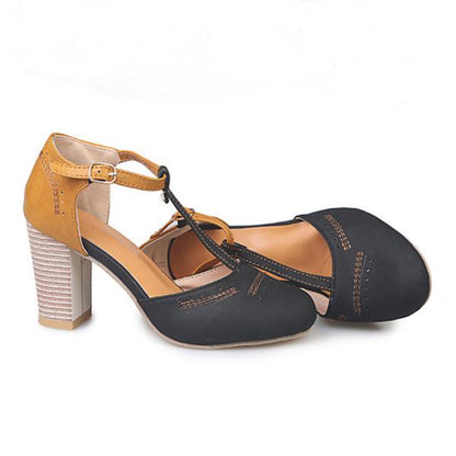 Two-Tone Retro Block Heels | T-Strap Design | Stacked Mid Heel