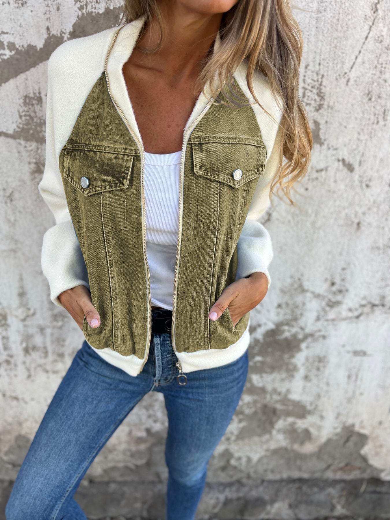 Zip-Up Sherpa Jacket | Denim Panel Front | Layer-Ready Comfort