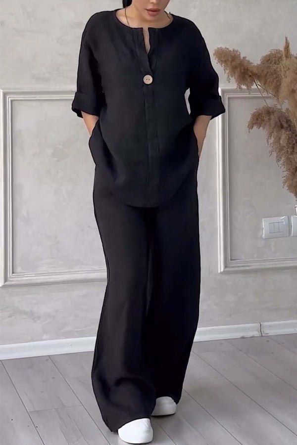 Relaxed Linen-Blend Set | Long-Sleeve Button Tunic and Wide-Leg Pants