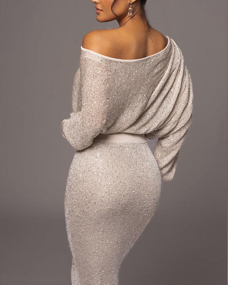 Off-Shoulder Glitter Gown | Long Sleeve Fitted Maxi | Elegant Evening Dress