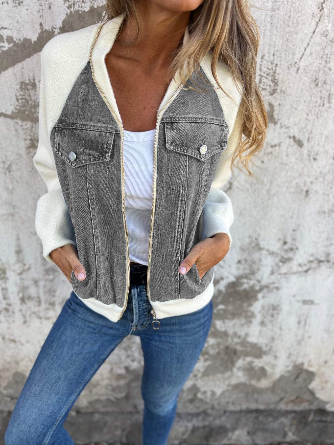 Zip-Up Sherpa Jacket | Denim Panel Front | Layer-Ready Comfort