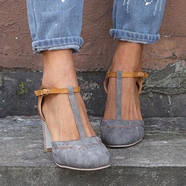 Two-Tone Retro Block Heels | T-Strap Design | Stacked Mid Heel