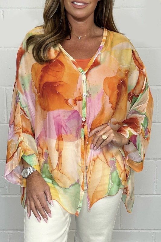 Women's Watercolour Print Chiffon Blouse | Lightweight Button-Down | Relaxed Fit Top