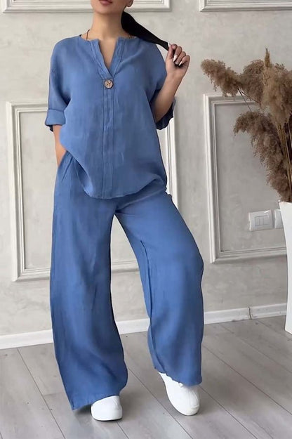 Relaxed Linen-Blend Set | Long-Sleeve Button Tunic and Wide-Leg Pants