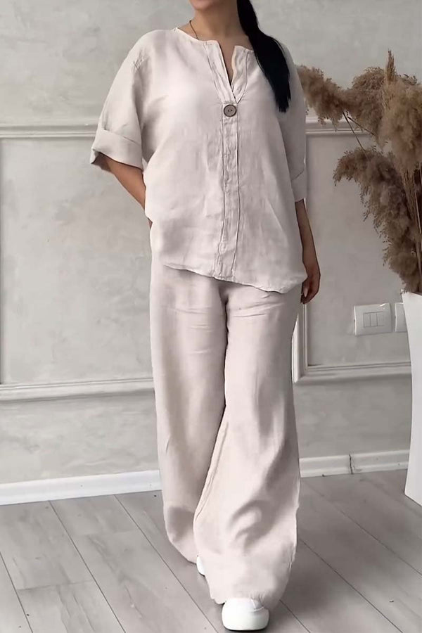 Relaxed Linen-Blend Set | Long-Sleeve Button Tunic and Wide-Leg Pants