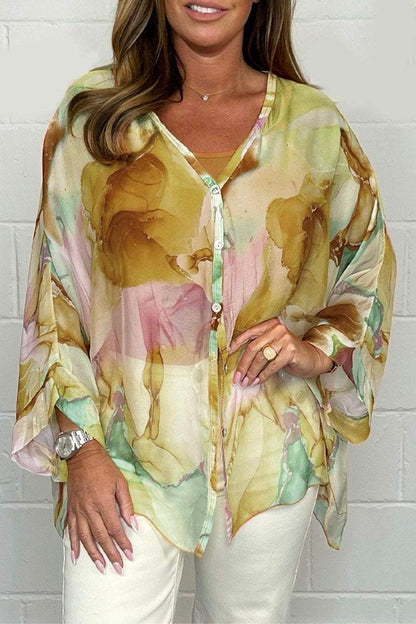 Women's Watercolour Print Chiffon Blouse | Lightweight Button-Down | Relaxed Fit Top