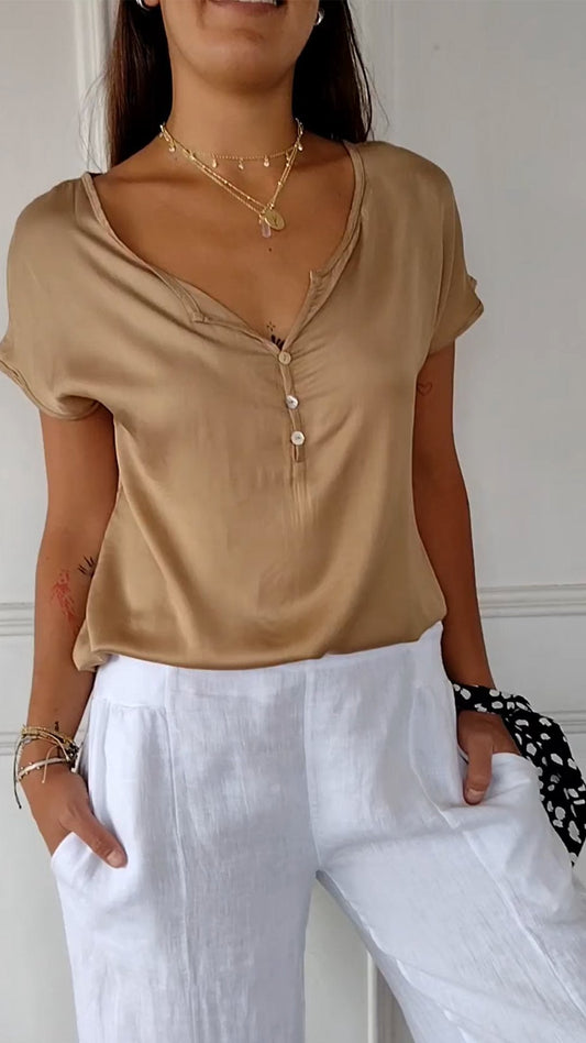 Soft Button-Front Blouse | Relaxed Fit V-Neck | Lightweight Summer Top