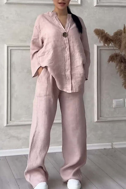 Relaxed Linen-Blend Set | Long-Sleeve Button Tunic and Wide-Leg Pants