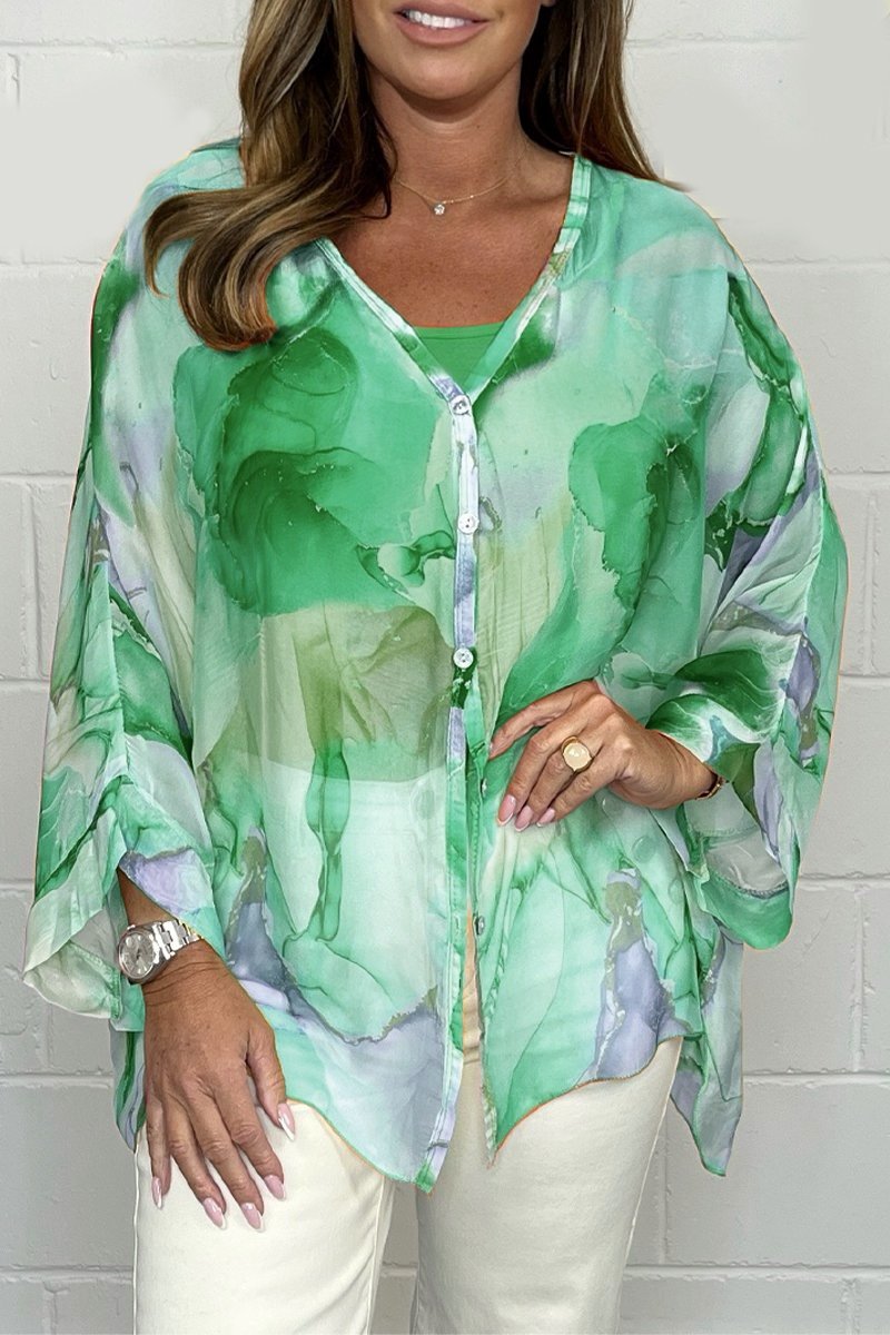 Women's Watercolour Print Chiffon Blouse | Lightweight Button-Down | Relaxed Fit Top