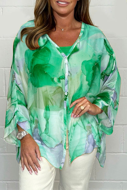 Women's Watercolour Print Chiffon Blouse | Lightweight Button-Down | Relaxed Fit Top