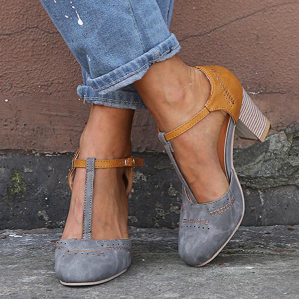 Two-Tone Retro Block Heels | T-Strap Design | Stacked Mid Heel