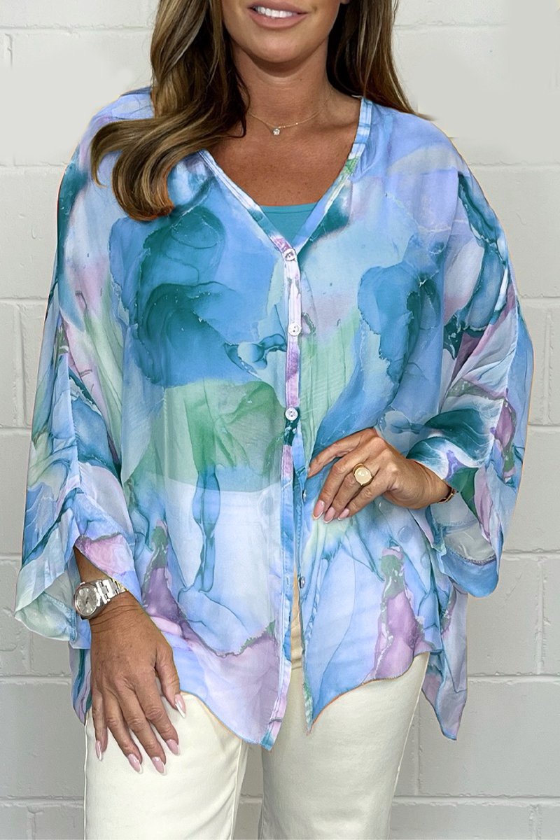 Women's Watercolour Print Chiffon Blouse | Lightweight Button-Down | Relaxed Fit Top