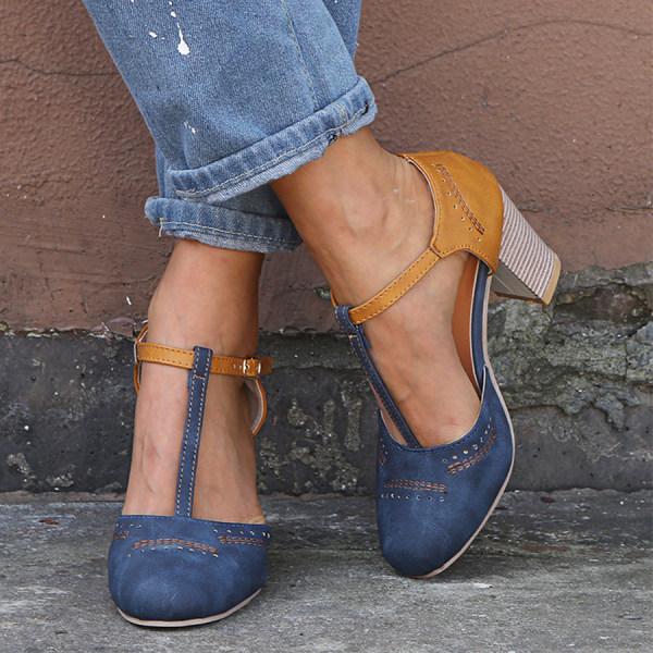 Two-Tone Retro Block Heels | T-Strap Design | Stacked Mid Heel