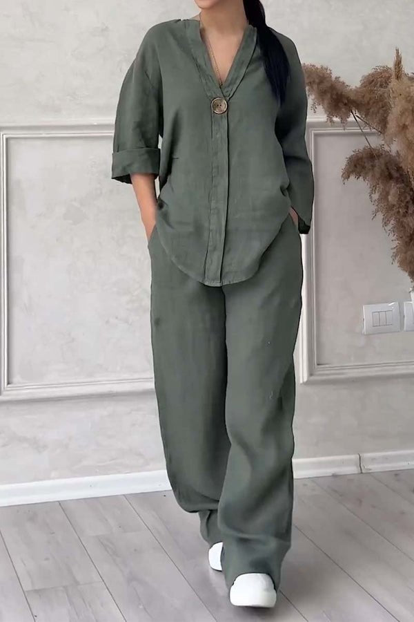 Relaxed Linen-Blend Set | Long-Sleeve Button Tunic and Wide-Leg Pants