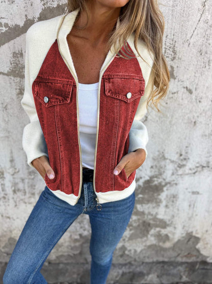 Zip-Up Sherpa Jacket | Denim Panel Front | Layer-Ready Comfort