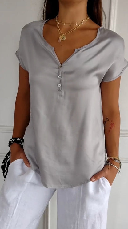 Soft Button-Front Blouse | Relaxed Fit V-Neck | Lightweight Summer Top