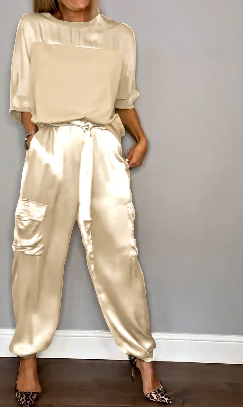 Satin Lounge Set | Short-Sleeve Top & Jogger Pants | Relaxed Shine Finish