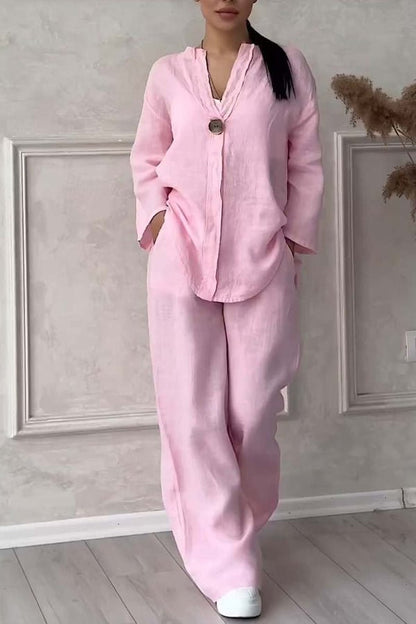 Relaxed Linen-Blend Set | Long-Sleeve Button Tunic and Wide-Leg Pants