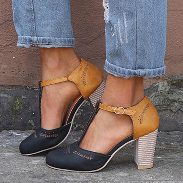 Two-Tone Retro Block Heels | T-Strap Design | Stacked Mid Heel