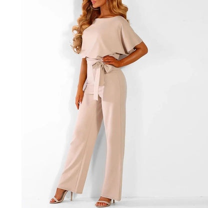 Wide-Leg Belted Jumpsuit | Boat Neck | Elegant Drape Fit