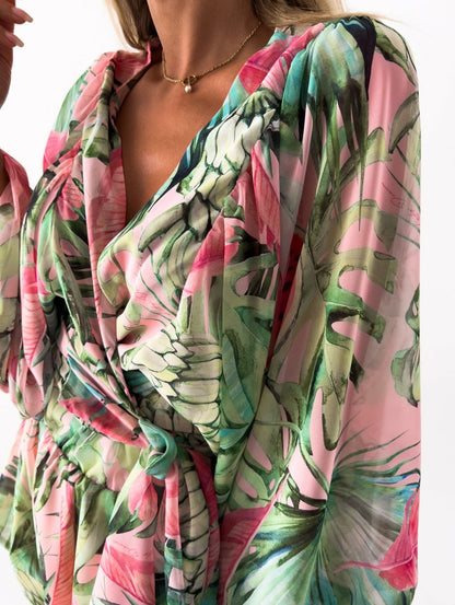 Tropical Print Romper | Wrap-Style Top | Elastic Waist Shorts