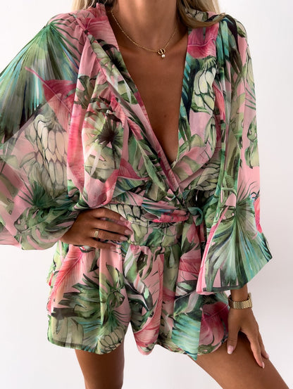 Tropical Print Romper | Wrap-Style Top | Elastic Waist Shorts