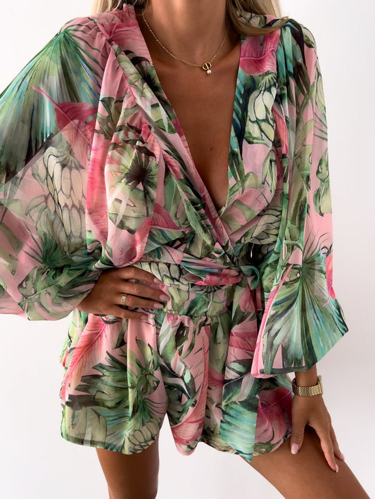 Tropical Print Romper | Wrap-Style Top | Elastic Waist Shorts
