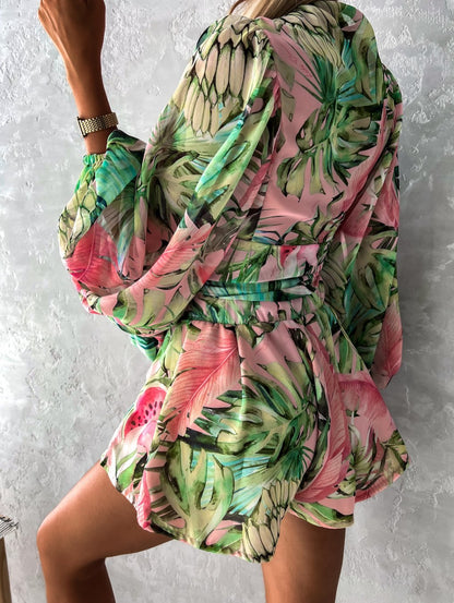 Tropical Print Romper | Wrap-Style Top | Elastic Waist Shorts