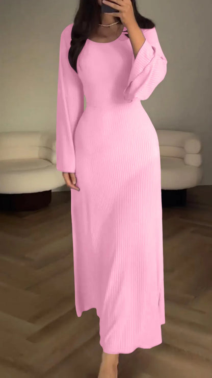 Ribbed Knit Maxi Dress | Long Sleeve Bodycon | Minimalist Black Style