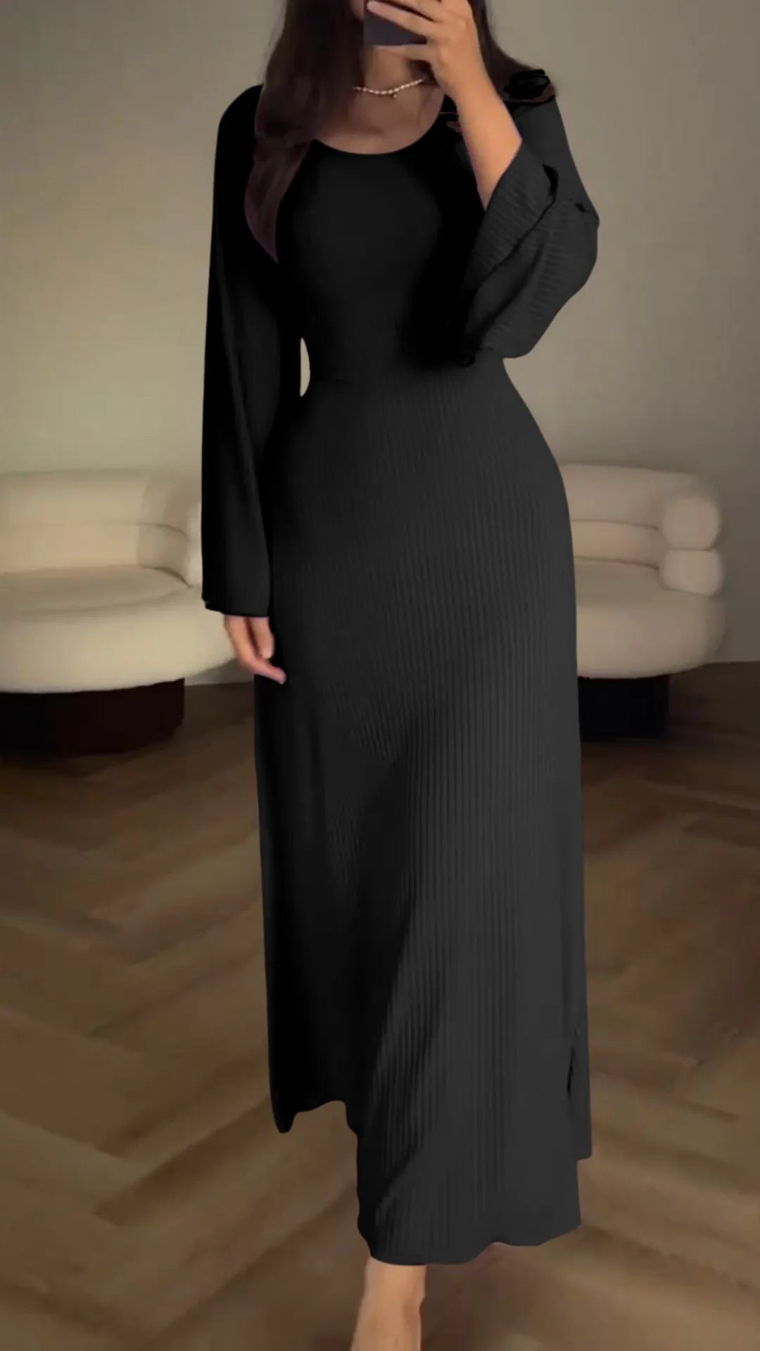 Ribbed Knit Maxi Dress | Long Sleeve Bodycon | Minimalist Black Style