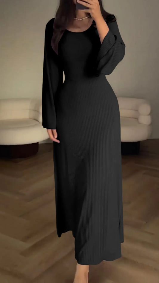 Ribbed Knit Maxi Dress | Long Sleeve Bodycon | Minimalist Black Style