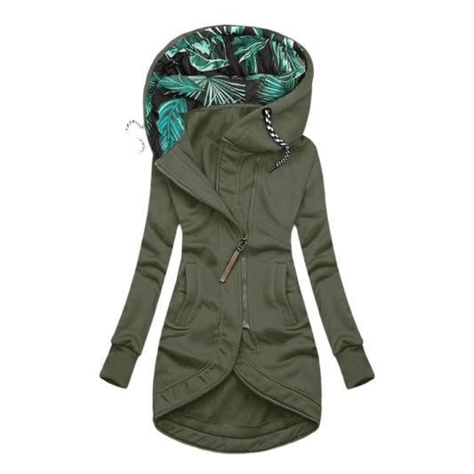 Women's Asymmetrical Hooded Jacket | Fleece Lined | Floral Hood Interior | Outdoor Casual Wear
