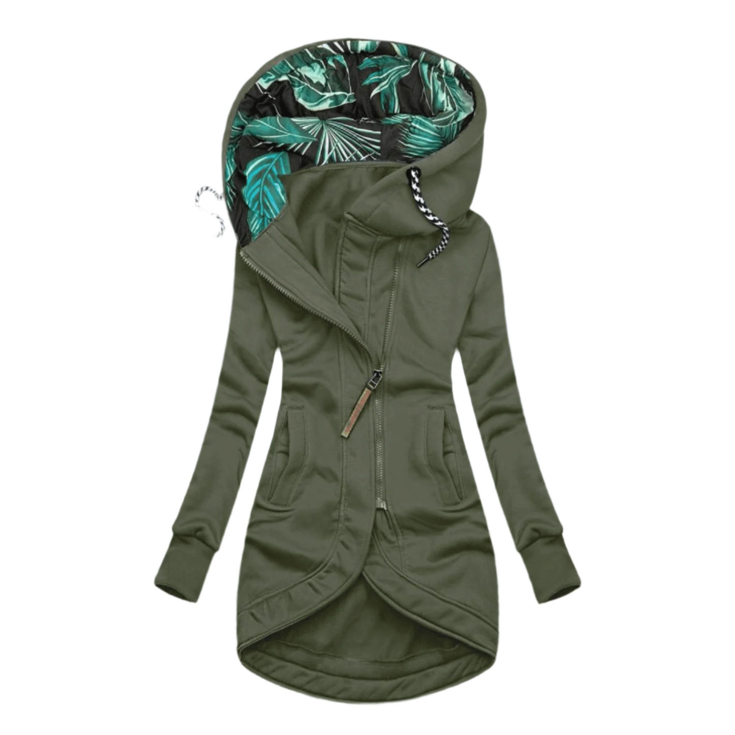 Women's Asymmetrical Hooded Jacket | Fleece Lined | Floral Hood Interior | Outdoor Casual Wear