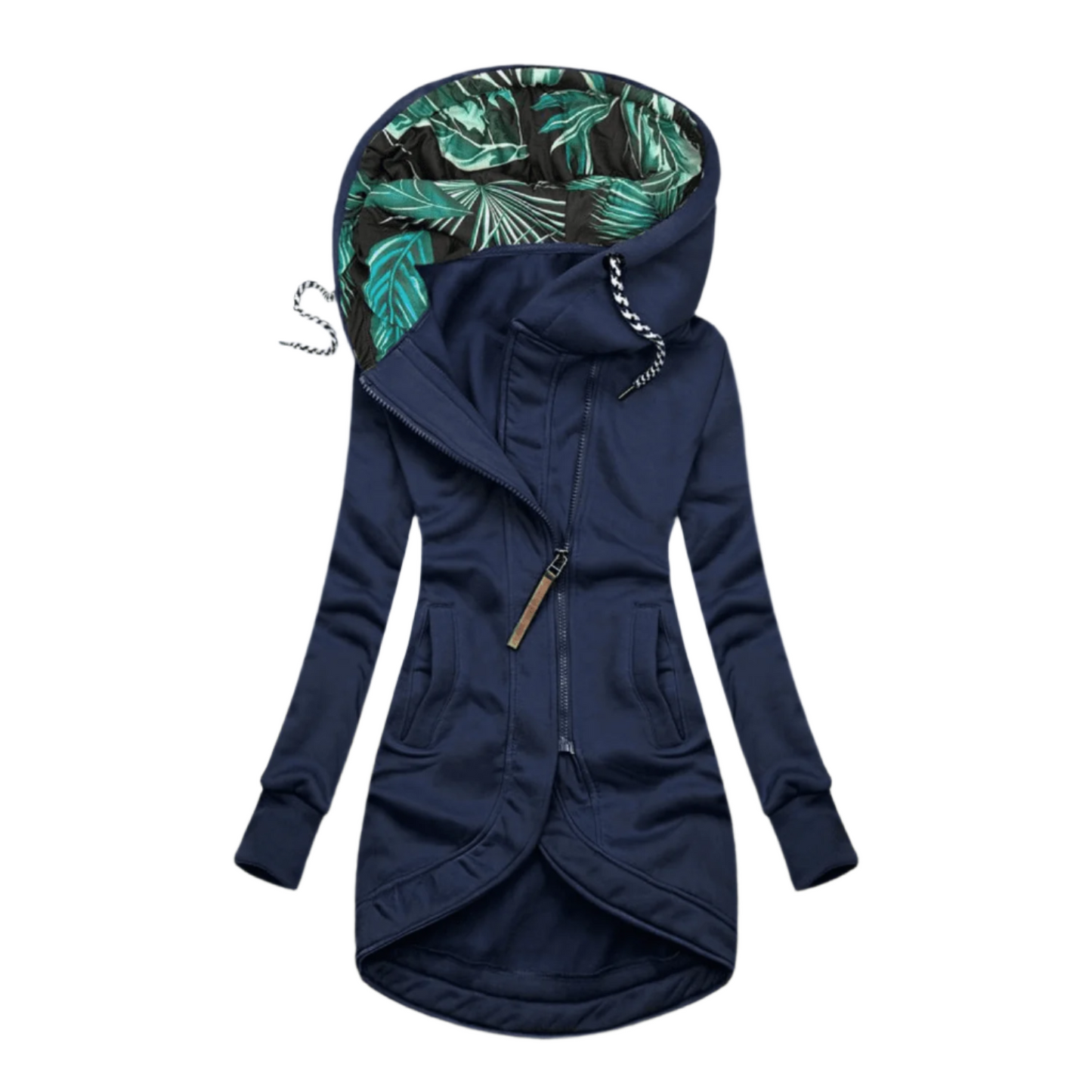 Women's Asymmetrical Hooded Jacket | Fleece Lined | Floral Hood Interior | Outdoor Casual Wear