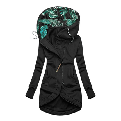Women's Asymmetrical Hooded Jacket | Fleece Lined | Floral Hood Interior | Outdoor Casual Wear