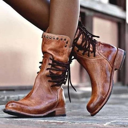 Women’s Distressed Lace-Up Combat Boots | Vintage Leather-Look Ankle Boots | Fall & Winter Streetwear
