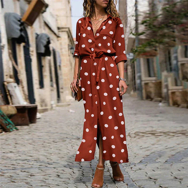Polka Dot Shirt Dress | Belted Waist | Collared Button-Front Midi Style