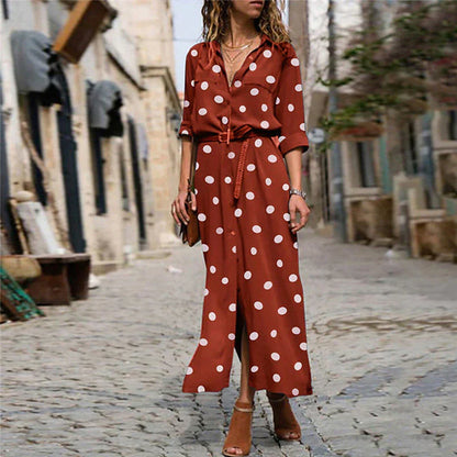 Polka Dot Shirt Dress | Belted Waist | Collared Button-Front Midi Style