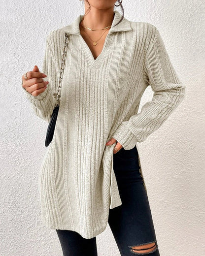 Oversized Ribbed Knit Tunic Sweater | Collared V-Neck | Soft Acrylic Blend | Casual Chic