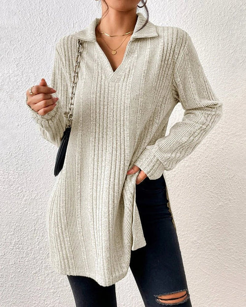 Oversized Ribbed Knit Tunic Sweater | Collared V-Neck | Soft Acrylic Blend | Casual Chic