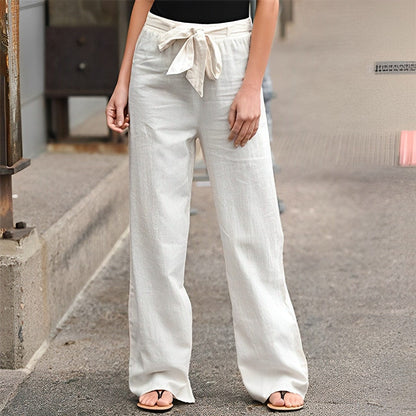 Women's Linen-Blend Wide-Leg Pants | Drawstring Waist with Relaxed Fit | Lightweight Summer Trousers