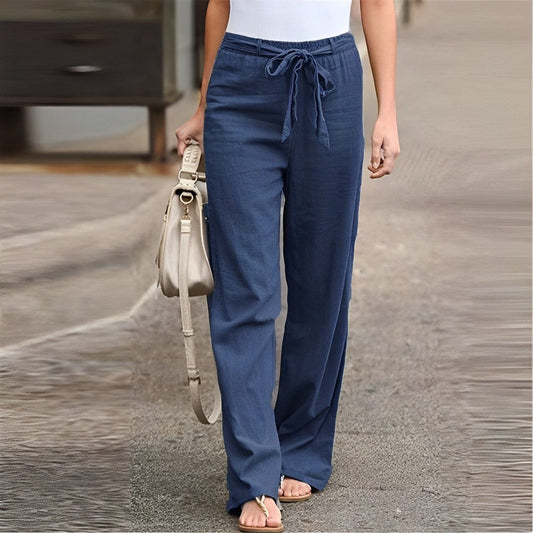 Women's Linen-Blend Wide-Leg Pants | Drawstring Waist with Relaxed Fit | Lightweight Summer Trousers