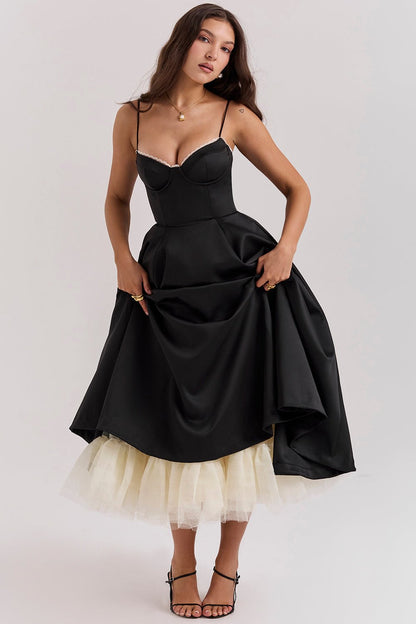 Satin Midi Dress with Corset Bodice | Fit-and-Flare Design | Elegant Evening Wear